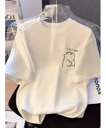 [Günlük T-Shirt] Hafif Kadın Günlük T-Shirt | Bol Kesim, Kısa Kollu, Yuvarlak Yaka, Eğlenceli Karikatür Ayı ve Umrumda Değil Baskı - Günlük Stil, İlkbahar/Yaz- Beyaz