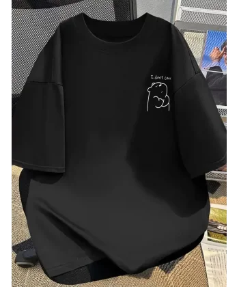 [Günlük T-Shirt] Hafif Kadın Günlük T-Shirt | Bol Kesim, Kısa Kollu, Yuvarlak Yaka, Eğlenceli Karikatür Ayı ve Umrumda Değil Baskı - Günlük Stil, İlkbahar/Yaz- Siyah