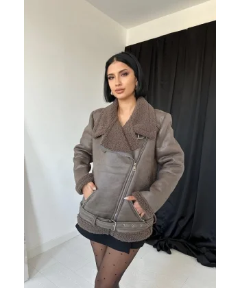 Haki Apoletli Kürklü Ceket