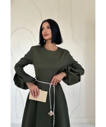 Haki Balon Kollu Kuşaklı Elbise