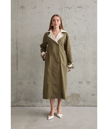 Haki Bej Arkası Çizgili Ve Kemerli Trençkot