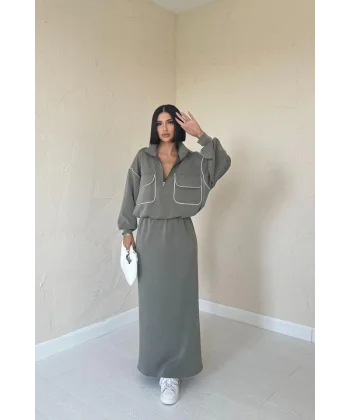 Haki Biyeli Sweatshirt Ve Etek Takım