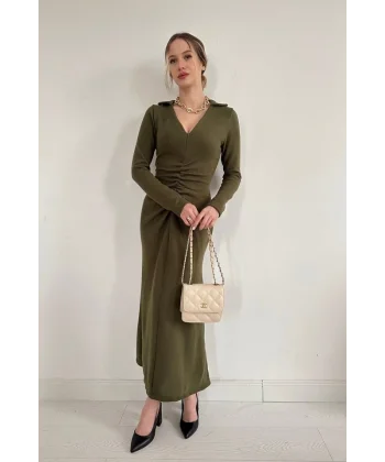 Haki Büzgülü Triko Balık Elbise