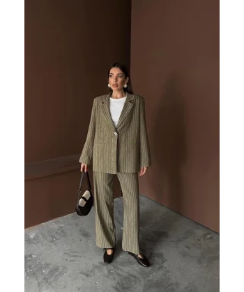 Haki Çizgili Ceket Ve Pantolon Takım