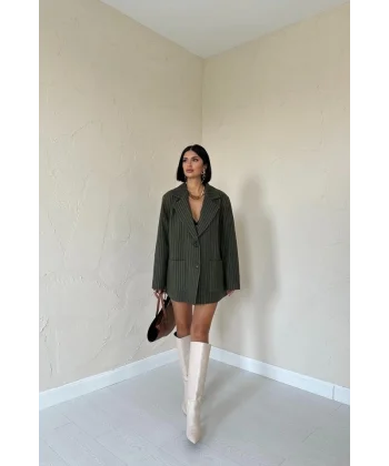 Haki Çizgili Oversize Ceket