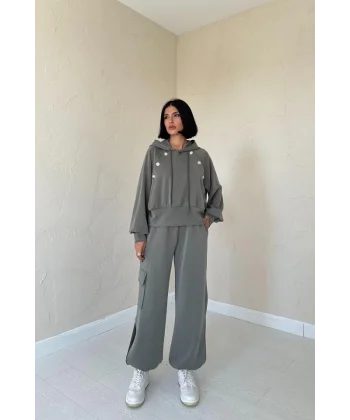 Haki Kapüşonlu Sweatshirt Ve Kargo Pantolon Takım