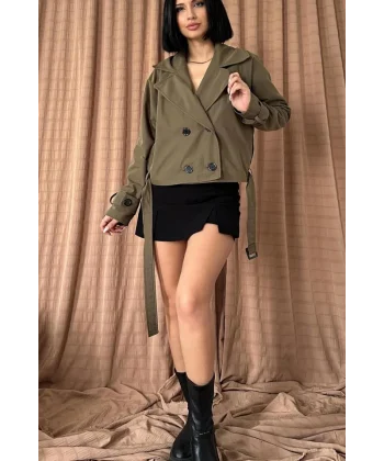 Haki Kemerli Kısa Trech Ceket