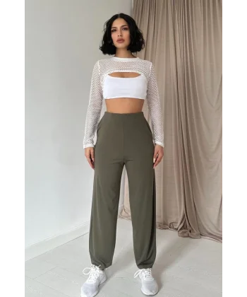 Haki Pensli Lastik Detaylı Pantolon