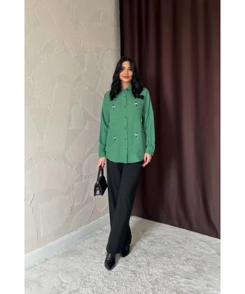 Haki Taş İşlemeli Gömlek