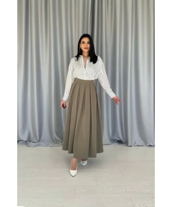 Haki Uzun Pileli Etek