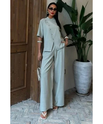 Hakim Yaka Çapraz Düğmeli Plazzo Pantolon Viscon Keten Takım 10091