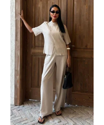 Hakim Yaka Çapraz Düğmeli Plazzo Pantolon Viscon Keten Takım 10091