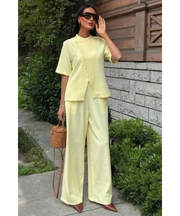 Hakim Yaka Çapraz Düğmeli Plazzo Pantolon Viscon Keten Takım 10209