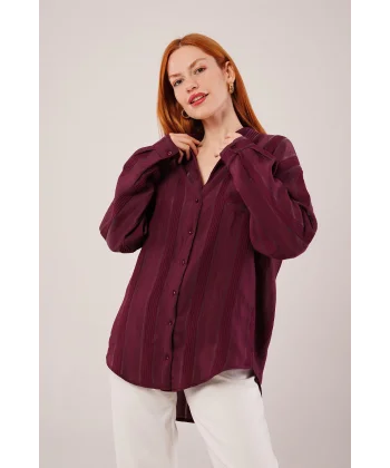 Hakim Yaka Çizgili Cep Detaylı Bordo Gömlek