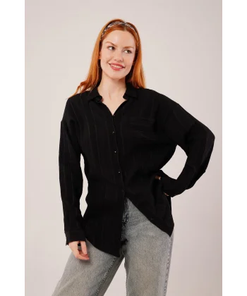 Hakim Yaka Çizgili Cep Detaylı iyah Gömlek