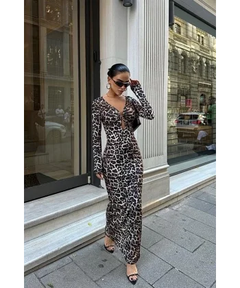 Halka Detaylı Leopar Desen Elbise 2823