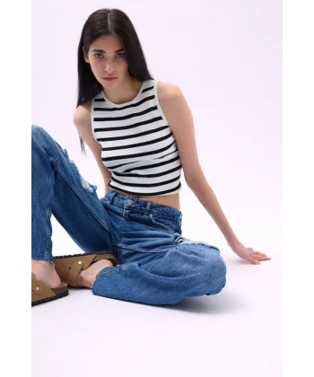 Halter Yaka Çizgili Crop