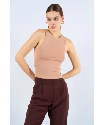 Halter Yaka Ribana Atlet - Süt Kahve