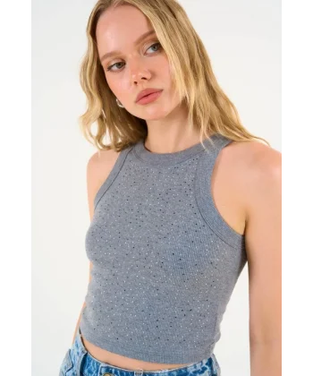 Halter Yaka Taşlı Atlet - Antrasit