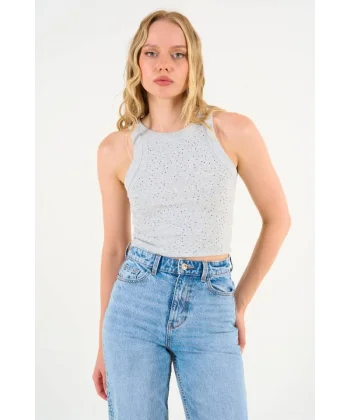 Halter Yaka Taşlı Atlet - Gri