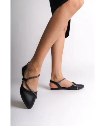 HANNAH Lastikli Ortopedik Rahat Taban Taş Detaylı Kadın Babet Ayakkabı  CST - Siyah