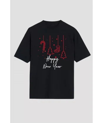 Happy New Year Baskılı T-shirt - Siyah