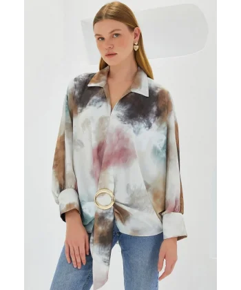 Hardal Ekru Oversize Dökümlü Saten Gömlek 907