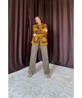 Hardal iyah Düğmeli Ekoseli Kaban