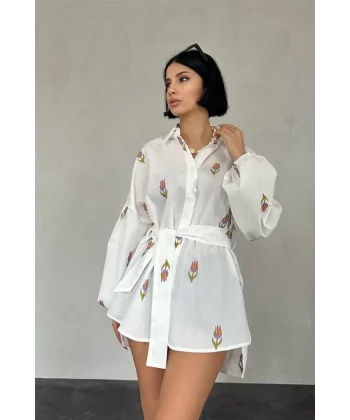 Hardal Vual etraj Nakış Kuşaklı Gömlek