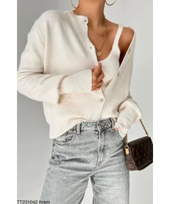 Hırka Atlet İkili Takım  Krem