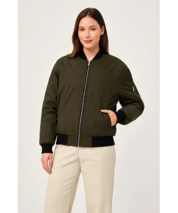 Içi Astarlı Fermuarlı Bomber Mont Ceket - Haki