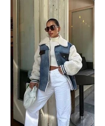 İçi Kürklü Deri Garnili Denim Görünümlü Ceket 6116