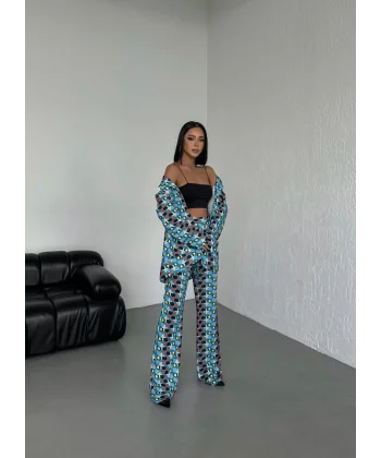 İki̇ Düğmeli̇ Desenli̇ Di̇ji̇tal Ceket