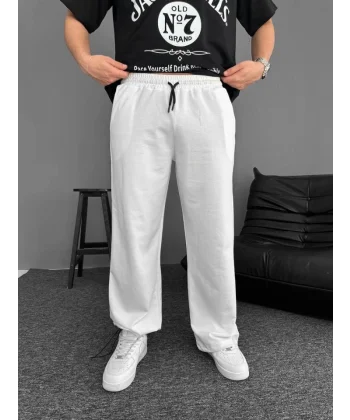 İki İplik Kumaş Baggy Alt Esofman - Beyaz