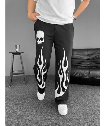 İki İplik Kumaş Baskılı Beli Lastikli Boru Paça Baggy Alt Esofman - Siyah