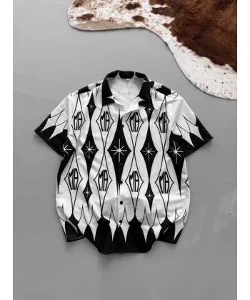 İki İplik Kumaş Baskılı Gömlek - Beyaz