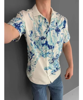 İki İplik Kumaş Baskılı Gömlek - Beyaz