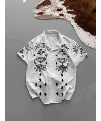 İki İplik Kumaş Baskılı Gömlek - Beyaz