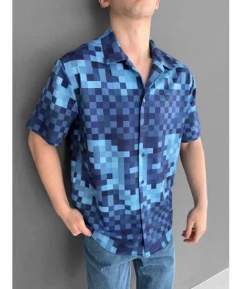 İki İplik Kumaş Baskılı Gömlek - Mavi