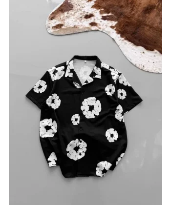 İki İplik Kumaş Baskılı Gömlek - Siyah