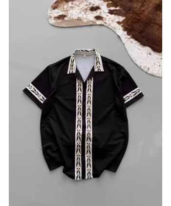 İki İplik Kumaş Baskılı Gömlek - Siyah