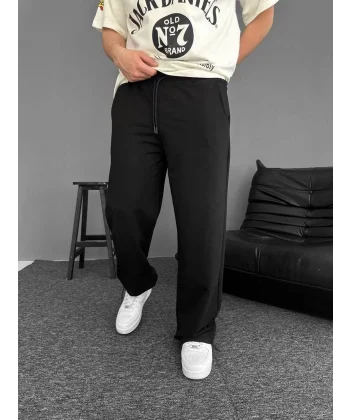 İki İplik Kumaş Beli Lastikli Boru Paça Baggy Alt Esofman - Siyah