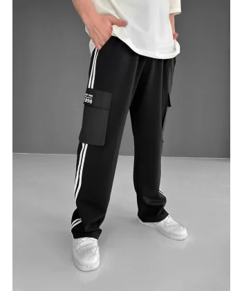 İki İplik Kumaş Kargo Cepli Şeritli Alt Esofman - Siyah