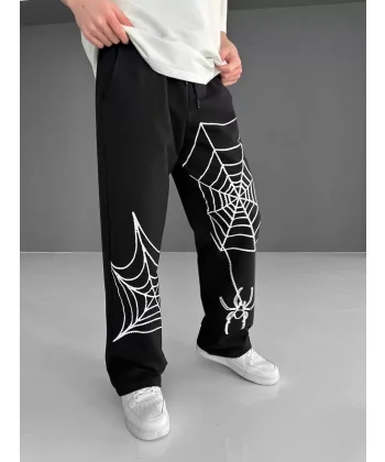 İki İplik Kumaş Örümcek Baskılı Esofman - Siyah