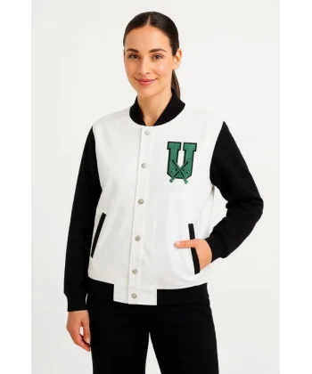 İki İplik Nakış İşlemeli Kolej Ceket - Beyaz