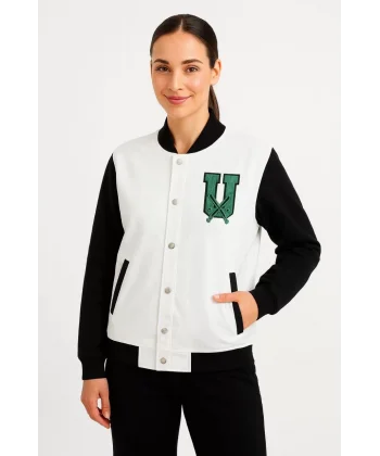 İki İplik Nakış İşlemeli Kolej ceket - Beyaz