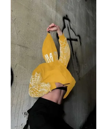 İki İplik Örümcek Baskılı Oversize Hırka - Sarı