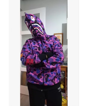 İki İplik Zıp Fermuarlı Nakışlı Kapşonlu Hırka - Mor