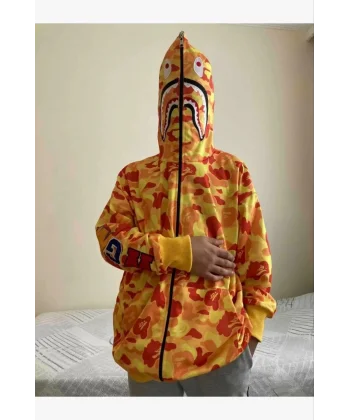 İki İplik Zıp Fermuarlı Nakışlı Kapüşonlu Hırka - Sarı