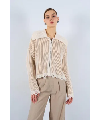 İki Renk Yırtıklı Hırka  KremBej